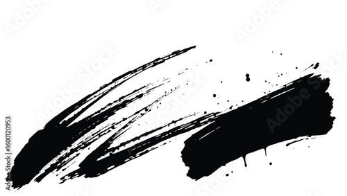 Two dynamic black brush strokes one thick and one thin with splatters arranged diagonally on white