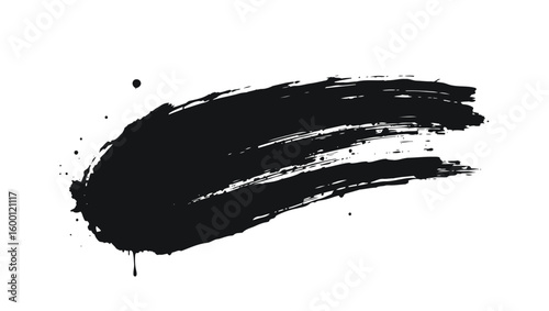 A broad sweeping black ink brush stroke with subtle splatters and a single drip set against a clean