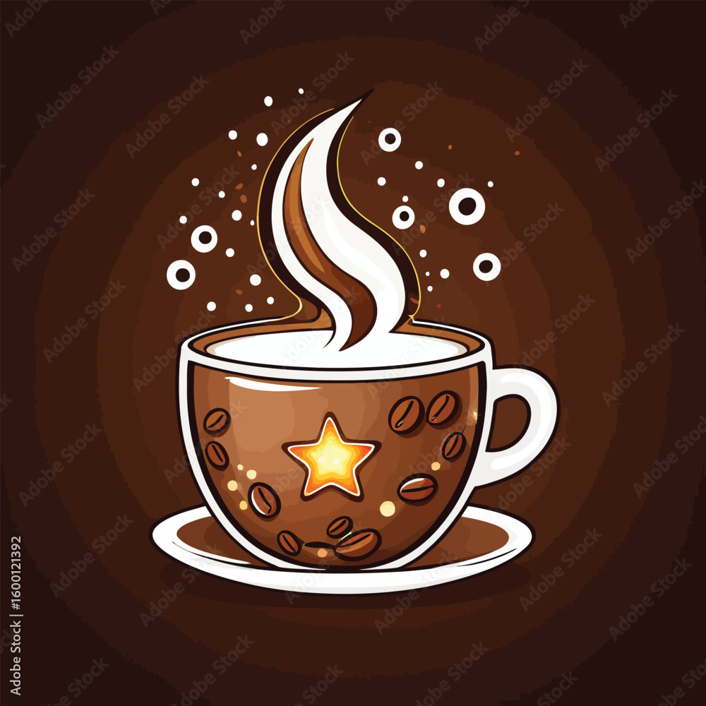 Obraz premium Cute Coffee Cup Cartoon Illustration Adorable Stylized Design Of A Coffee Cup Decorated With Coffee Beans And A Star Perfect For Warm Beverage Themes And Cheerful Branding In Digital Art