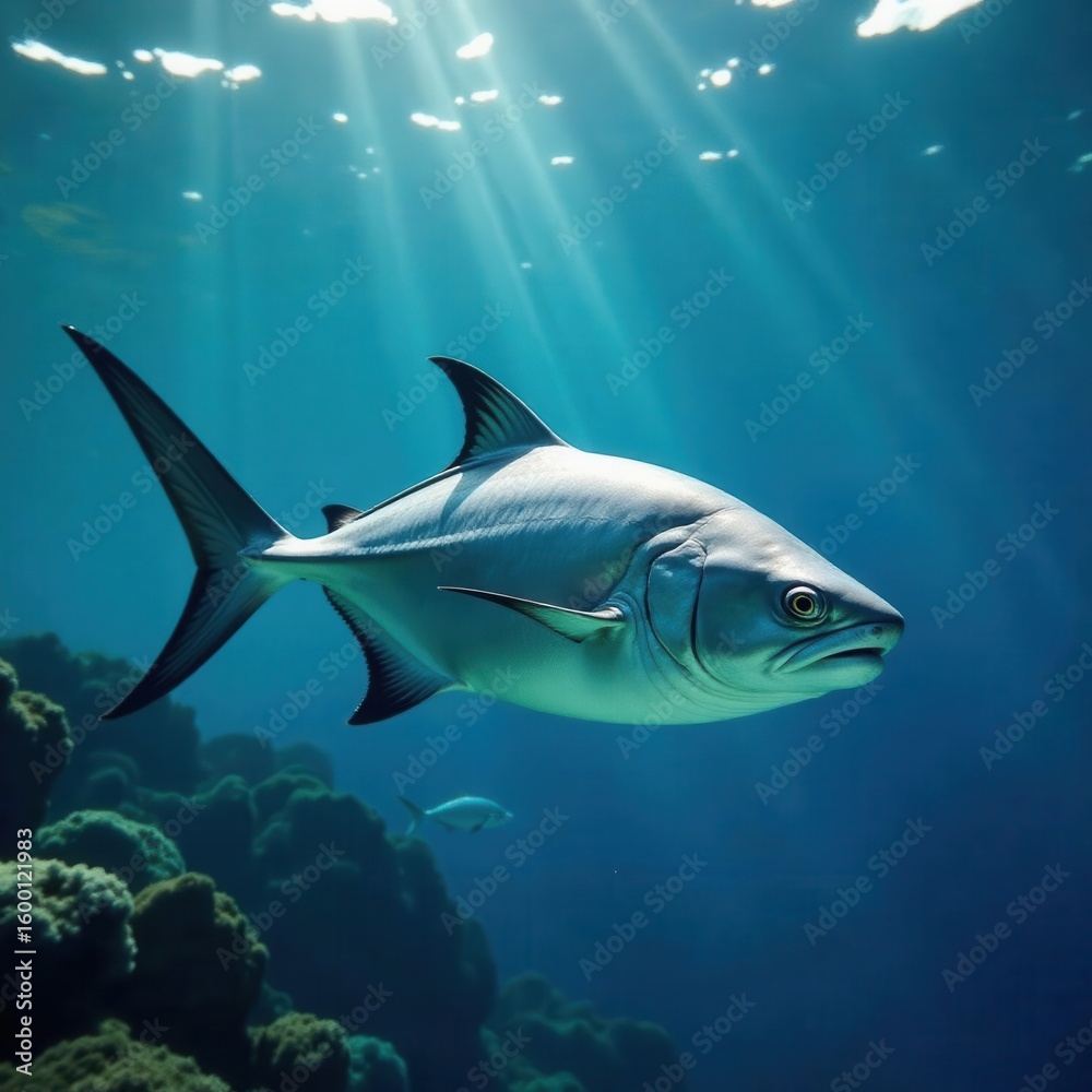 Obraz premium Silvery trevally school, ocean surface shimmer, trevally, wildlife