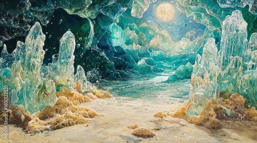 An ethereal, crystalline cave passageway at night.