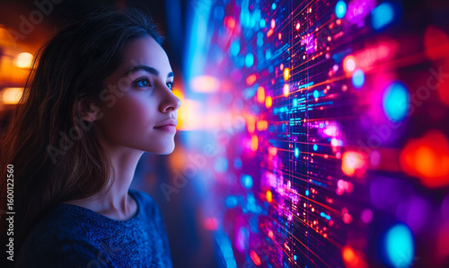 Young woman analyzing colorful illuminated digital data visualization with futuristic technology and artificial intelligence concept in dark room