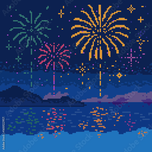 pixel illustration of fireworks over night sea