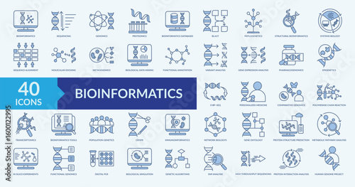 Bioinformatics icon collection set with genomics, proteomics, biological data mining, metabolic pathway analysis, biological simulation
