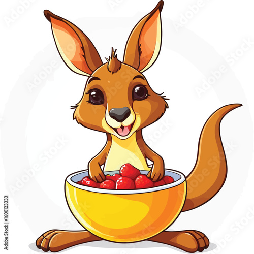 Adorable Cartoon Kangaroo Happily Holds A Bowl Overflowing With Ripe Red Strawberries In A Charming Lighthearted Illustration Suitable For Childrens Books And Cheerful Designs