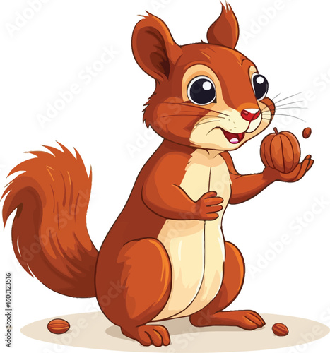 Cute Cartoon Squirrel With Nut Cheerful Illustration For Childrens Books Or Animation Featuring A Warm Color Palette And Playful Character Design With A Simple White Background