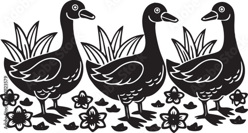 Three black geese with grass and flowers birds animals