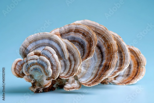 Closeup of layered Turkey Tail fungus against a blue background showing textures