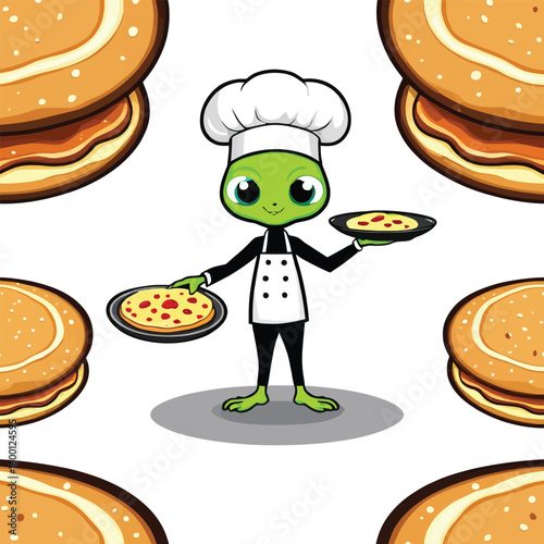 Cartoon Alien Chef Serving Pizza And Burgers Fun Food Illustration