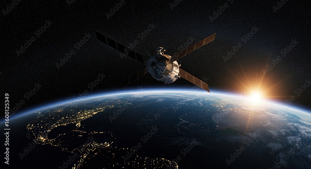 Naklejka premium Cinematic Space Satellite Orbiting Earth with Rising View in 8K