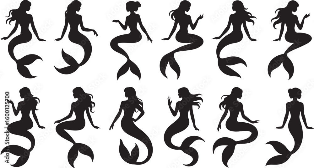 Naklejka premium Silhouette Mermaid Icons Representing Fantasy, Ocean Beauty, and Mythical Grace