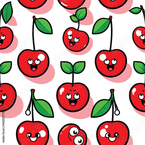 Seamless Pattern Of Cute Cartoon Cherries For Kids Fashion And Design Projects Featuring Happy Expressions In A Repeating Arrangement With Bright Colors Perfect For Cheerful Textiles Or Backgrounds