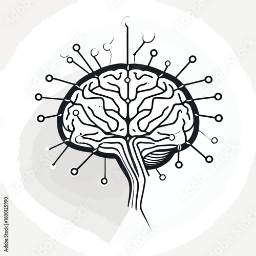 Stylized Line Art Illustration Of A Human Brain With Circuit Board Elements Concept For Artificial Intelligence Neural Network Or Advanced Technological Interface Design