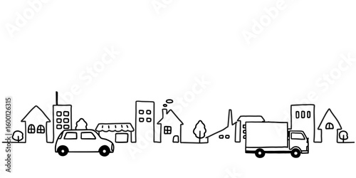 車と街並みのシンプルな手描き線画イラスト　白黒