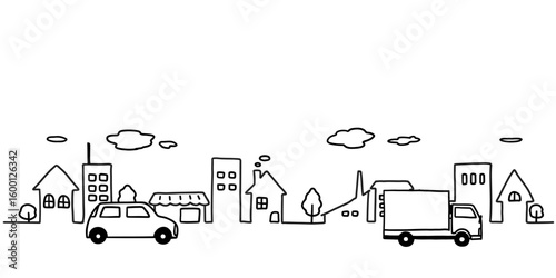 車と街並みのシンプルな手描き線画イラスト　白黒