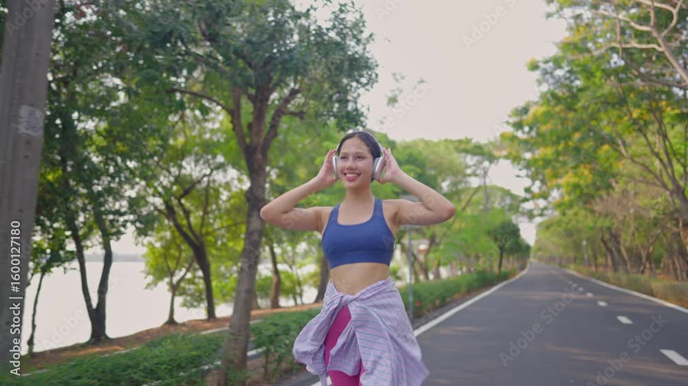 Asian sportswoman wearing headphones while running exercise in garden. Asian sportswoman wearing headphones while running exercise in garden.
