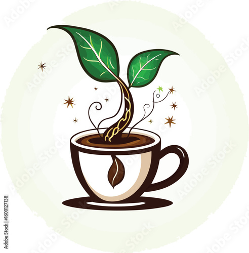 Conceptual Illustration Of A Coffee Cup With A Plant Sprouting From It Rendered In A Stylized Graphic Novel Aesthetic To Represent Growth And Potential From A Simple Daily Beverage