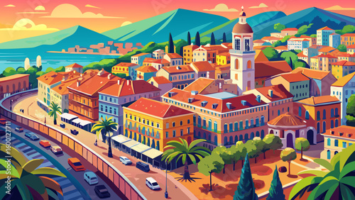 Colorful aerial panoramic view over the old town of Nice, France, with the famous Massena square and the Promenade du Paillon, from the roof of Saint Francis tower 
