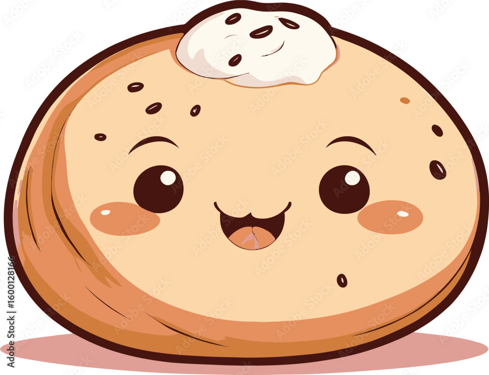 Obraz premium Kawaii Pastry Cartoon An Endearing Illustration Of A Smiling Pastry With Cream Topping Designed In A Cute And Playful Style Perfect For Adding Charm To Childrens Books Or Food Related Designs