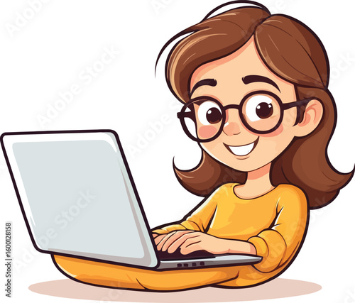 Cartoon Girl Working On Laptop Digital Illustration For Education Lifestyle And Creative Projects