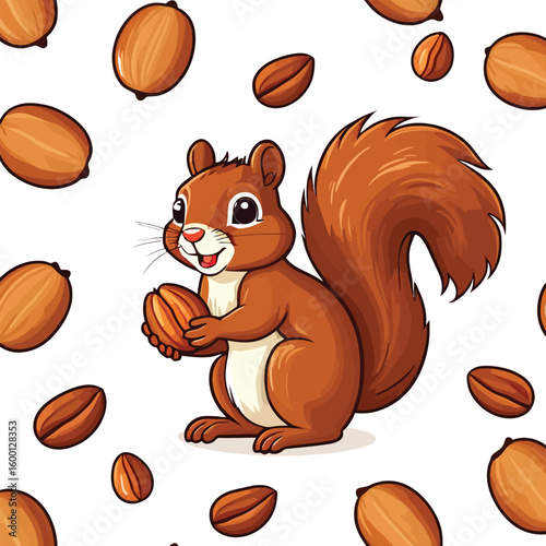 Adorable Cartoon Squirrel Illustration With A Cheerful Expression Holding A Nut Surrounded By Floating Nuts Against A Clean White Backdrop Rendered In A Bright And Appealing Style Ideal For
