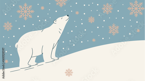 White polar bear on snowy hill in minimal Christmas vector background, winter background, copy space