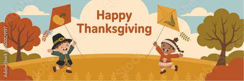 Pilgrim child and Native American child flying kites with pumpkin and corn, autumn Thanksgiving vector banner