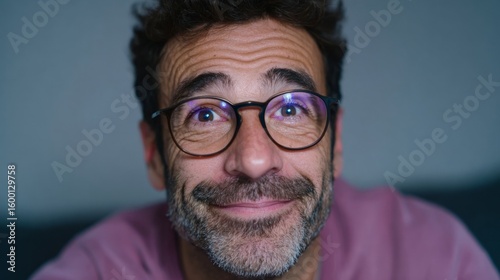 ``` Whimsical bespectacled man with joyful gaze celebrates International Happiness Day, cozy evening glow, diverse community spirit```