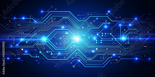 Abstract glowing blue digital circuit board with interconnected hexagonal patterns and bright luminous light