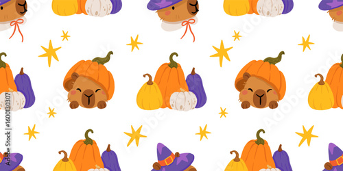 Cute Halloween capybara seamless pattern, spooky cartoon capybaras dressed as mummy, ghost, witch, pumpkin, with gravestone, candles, broom, toilet paper and pumpkins, kawaii animal vector background