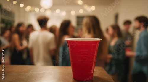 Red plastic cup amid vibrant party whirl, millennial gathering, cacophony of laughter, ephemeral solstice celebration, modern camaraderie