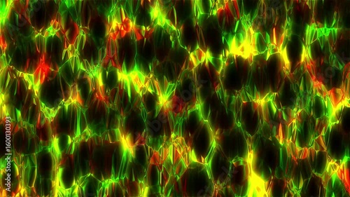 Abstract animation with colors of green, red, and yellow. The shapes resemble cracks or cells that intertwine to create a complex pattern. It looks like a colorful mosaic or stained glass window.