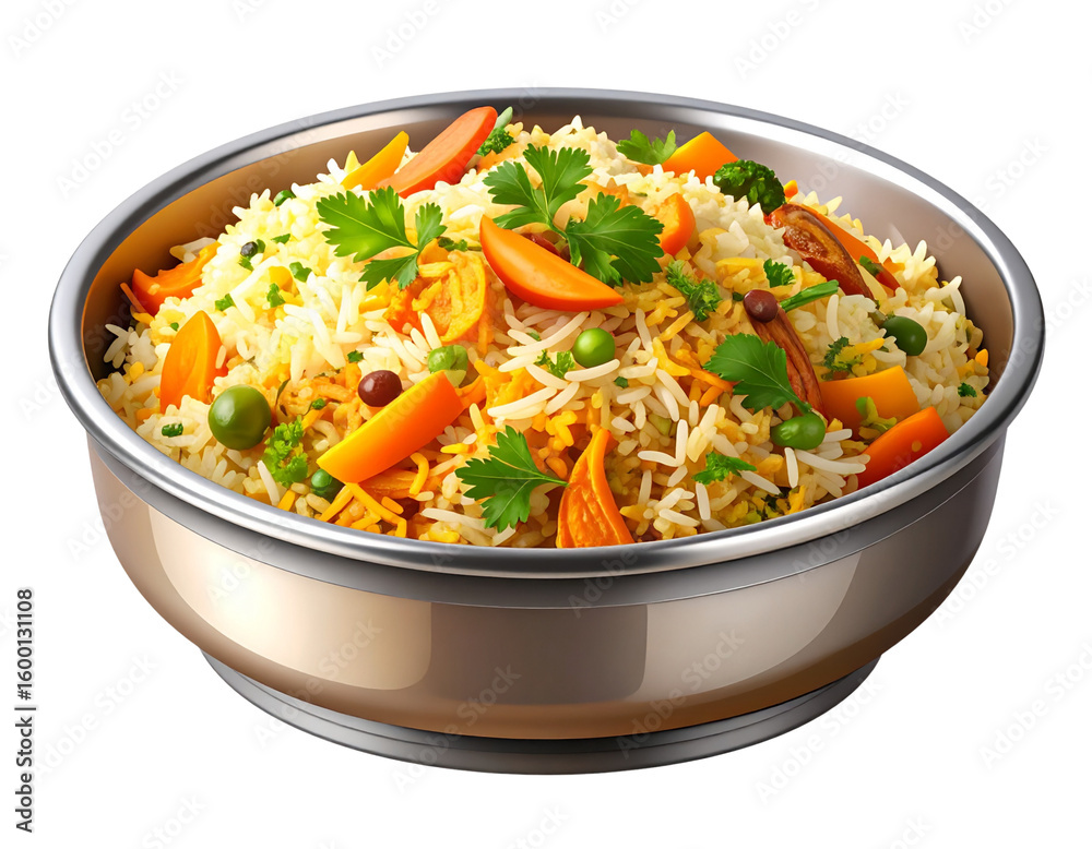 Minimalist Flat Lay Illustration of Vegetable Biryani in Metal Dish, Transparent Background Minimalist Flat Lay Illustration of Vegetable Biryani in Metal Dish, Transparent Background