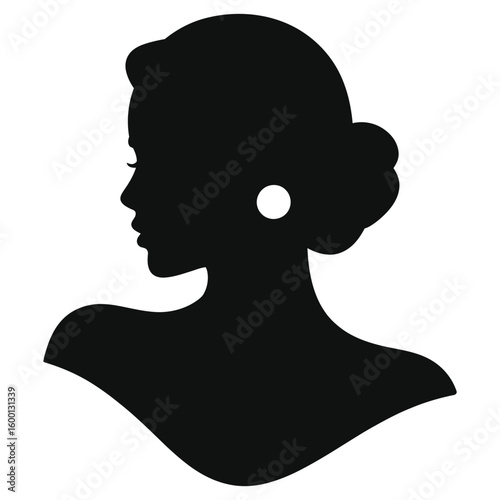 ( Stud Earrings)Elegant Black Silhouette Woman Profile Vector - Minimalist Female Portrait with Earring