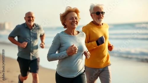 Three senior adults are running together along the beach, enjoying their active and healthy lifestyle