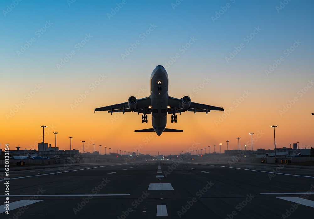 Fototapeta premium Airplane Taking Off at Sunset Stunning Aerial View of Air Travel