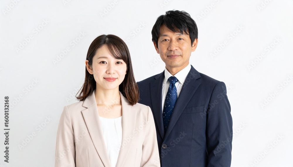 白背景に立つ若手女性社員と年上の上司、落ち着いた表情とフォーマルな服装が際立つビジネスポートレート
白背景に立つ若手女性社員と年上の上司、落ち着いた表情とフォーマルな服装が際立つビジネスポートレート