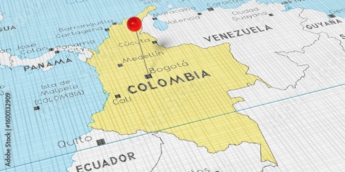 Colombia, Bogota - push pin on political map - 3D illustration