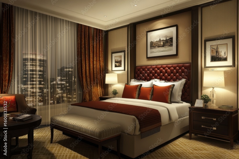 Fototapeta premium Large bed with a white comforter and blue blanket. Lamp is on the bedside table. Stylish hotel bedroom interior with bed nightstand with books.