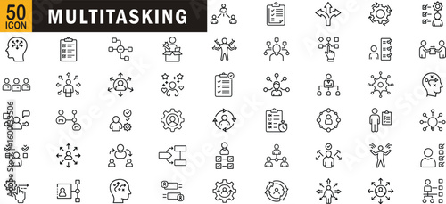 Multitasking editable outline icon set. Productivity, workflow, efficiency, organization, planning, focus and more.