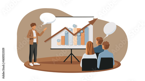 Presentation with a man explaining a chart to an audience in a business meeting setting shown here