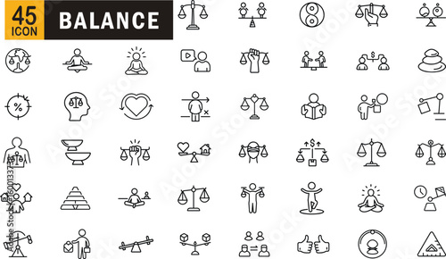 Balance editable outline icon set. Harmony, scale, stability, equality, mindfulness, proportion and more.