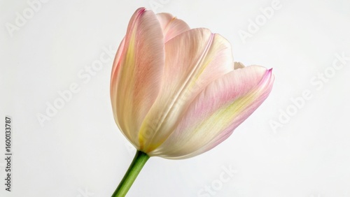 A delicate pink and white tulip with soft petals, showcasing its natural beauty against a plain background.