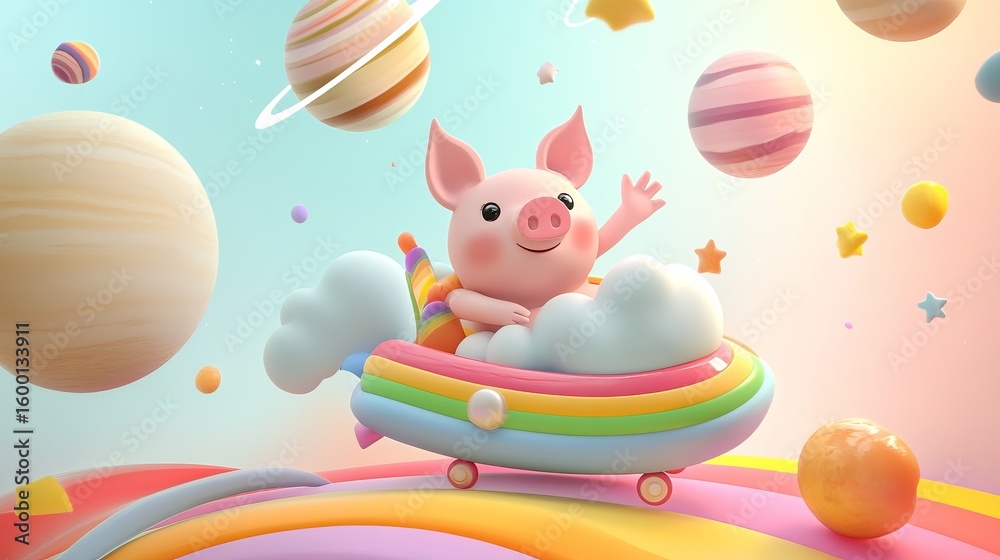 Obraz premium Cheerful Cartoon Pig in Rainbow Spaceship among Colorful Planets