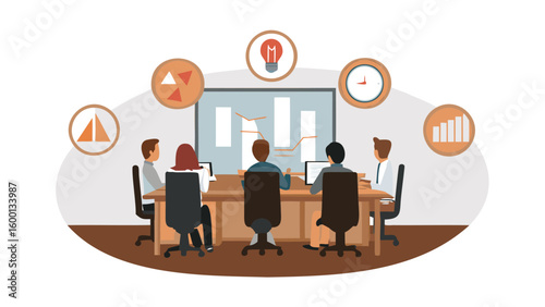 People in a business meeting with a graph on the screen and icons around the table setting scene