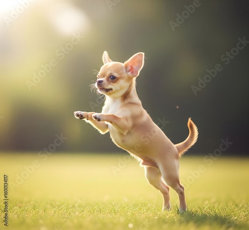 Adorable chihuahua happily leaps in the vibrant green grass, capturing its playful spirit under the warm sunlight.