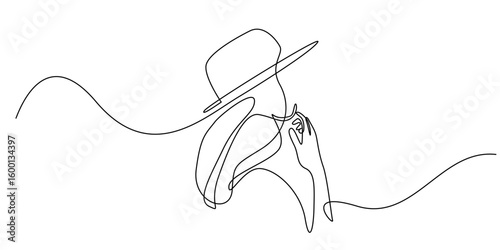 Continuous line drawing of a stylish woman wearing a wide-brim hat and coat. Minimalist fashion illustration symbolizing elegance, mystery, and modern beauty