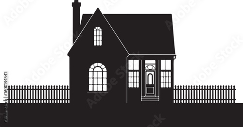 Black silhouette of a house with a chimney and picket fence white