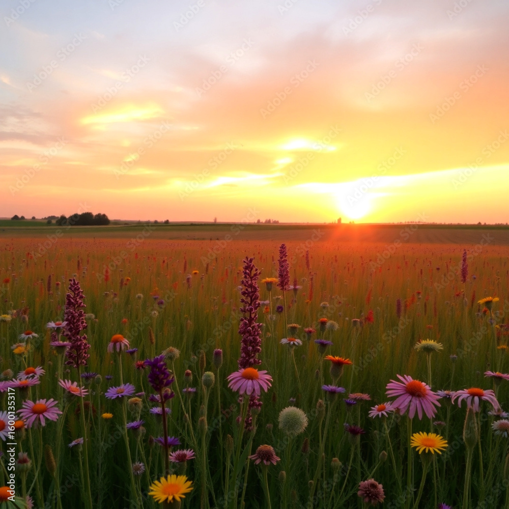 Obraz premium Panoramic floral landscape with rich colors and clear blue sky