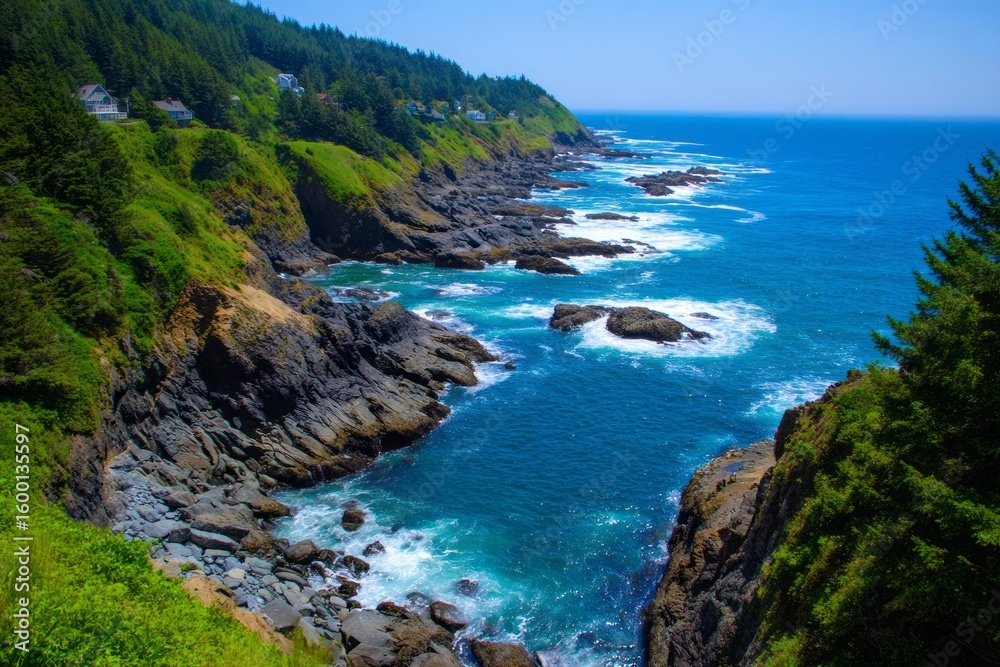 Fototapeta premium Majestic coastal cliffs embrace the azure waves, perfect for Imbolc reflections and maritime folklore celebrations, whispering timeless secrets